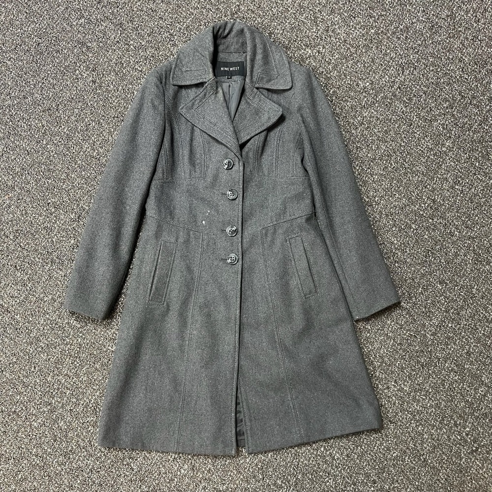 Nine West Gray Jacket Trench Long Coat Button Up Size 4 Small Womans